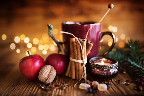 Christmas Decoration Winter Candle Tea Rustic Wooden Table — Stock Photo, Image