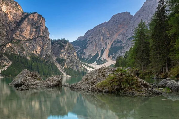 Tarde Noite Verão Lago Prags Tirol Sul — Fotografia de Stock