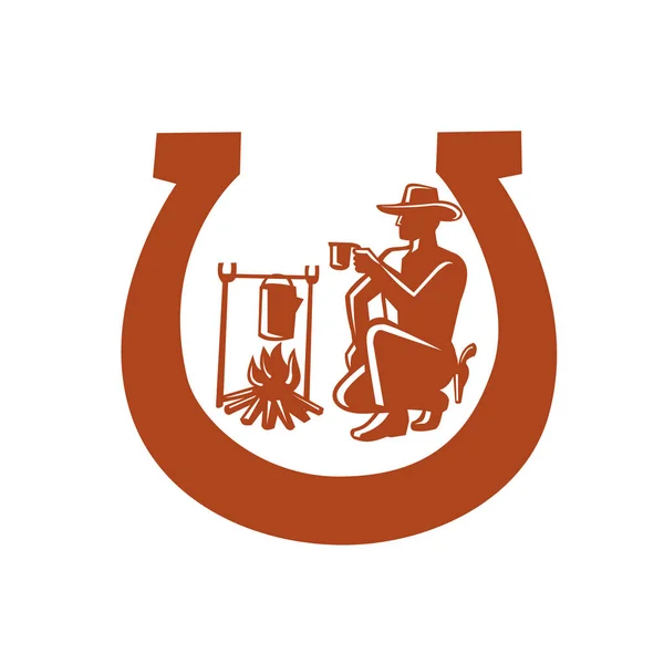 Иконка Талисмана Изображающая Ковбоя Пьющего Кофе Костра Установленного Внутри Подковы — стоковое фото