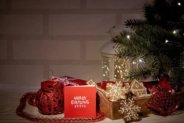 Decorazione Natale Biscotti Pan Zenzero Che Trovano Tavolo Legno Uno — Foto Stock