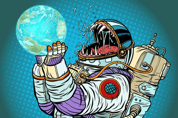 宇宙飛行士モンスター地球惑星を食べる 人類の概念の貪欲と飢え ポップアートレトロベクトルイラスト ビンテージキッチュ — ストック写真