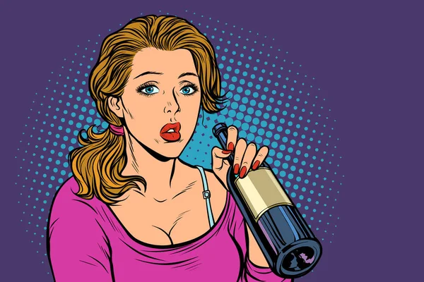 ボトルからワインを飲む女性 孤独と悲しみ ポップアートレトロベクトルイラスト ビンテージキッチュ — ストック写真