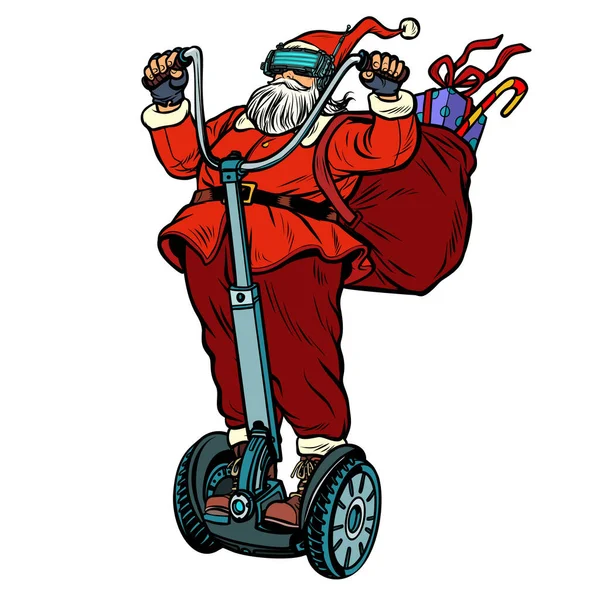 Санта Клаус Очках Виртуальной Реальности Рождественскими Подарками Ездит Электрическом Скутере — стоковое фото
