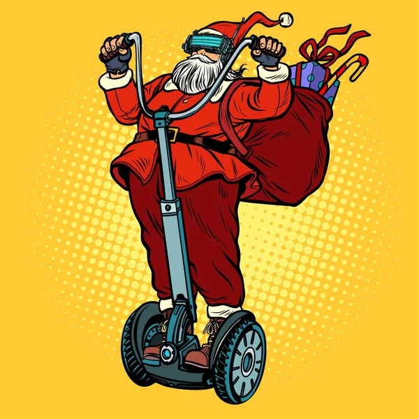 Papai Noel Óculos Com Presentes Natal Monta Uma Scooter Elétrica — Fotografia de Stock