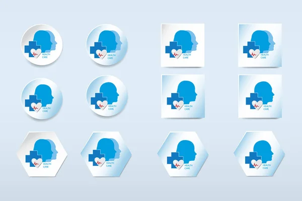 健康护理图标向量显示人和女人在圆形 正方形和六边形形状的轮廓 所有是在浅蓝色背景 — 图库照片