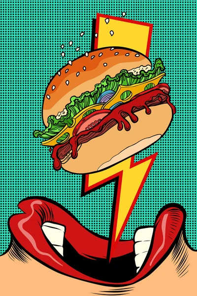 バーガーを食べる女 ポップアートのスタイル 女の口だ 漫画ポップアートレトロベクトルイラストドローイング — ストック写真