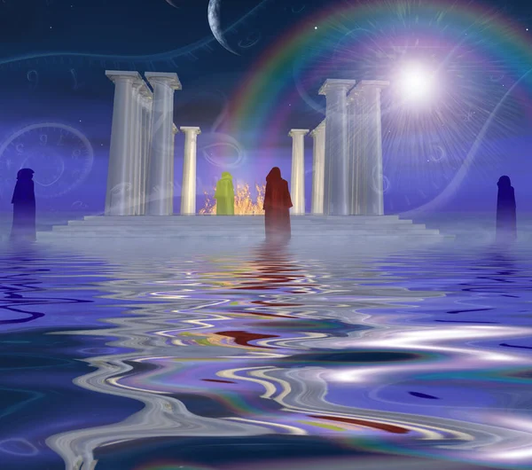 超现实数字艺术 内部有火的白色古寺坐落在水面上 牧师们站在周围 行星的游行 时间的螺旋 — 图库照片