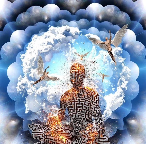 Surrealism Burning Figure Man Maze Pattern Meditates Lotus Pose Men — Stock Photo, Image