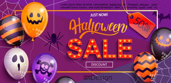 Wyprzedaż Baner Happy Halloween Wakacje Liternictwem Retro Znak Świetlny Potwór — Zdjęcie stockowe