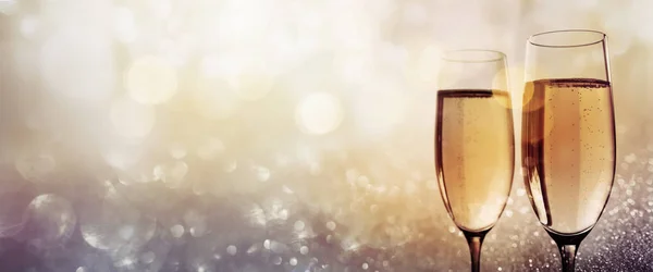 Champagne Felice Anno Nuovo Scintillante Oro Argento Bokeh Sfondo — Foto Stock