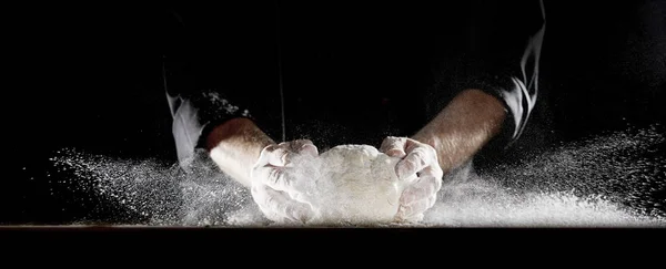 Cloud White Flour Caused Chef Dark Suit Slamming Glob Dough — Foto de Stock