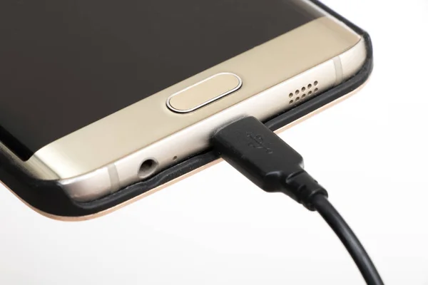 Connecting Mobile Phone Usb Type Micro — Stock Photo, Image