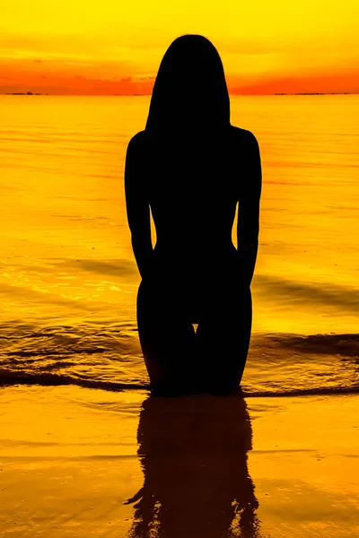 Silhueta Preta Uma Bela Mulher Água Junto Mar Pôr Sol — Fotografia de Stock