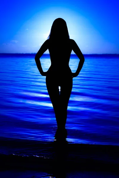 Black Silhouette Beautiful Woman Water Sea Sunset — Stock Photo, Image