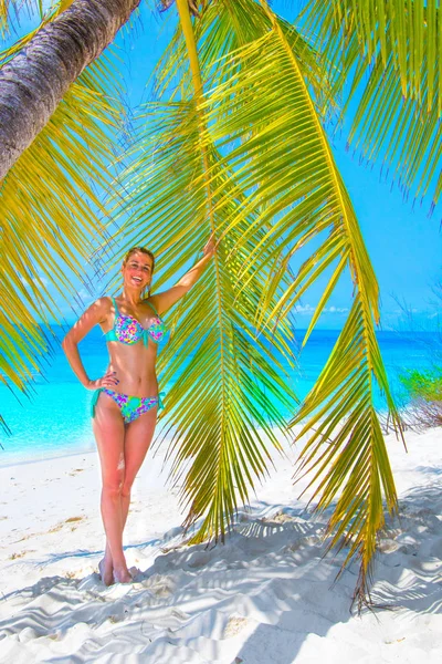 Gorgeous Laughing Blond Woman Dress Coconut Hand Palm Tree Beach — Stock Photo, Image