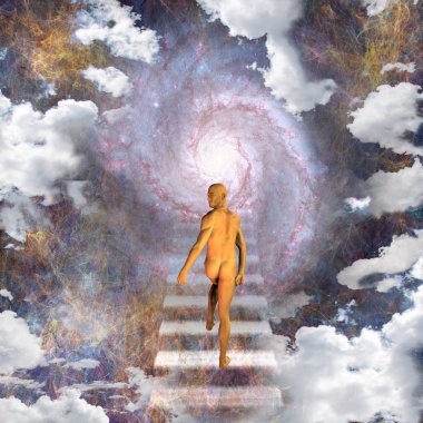 Man travels up stairway into heavens clipart
