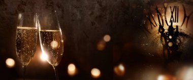Champagne for the new year on dark background with a clock and festive golden and silver bokeh clipart