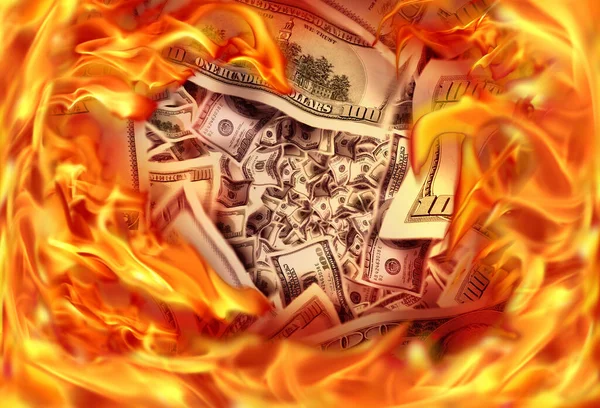 燃烧堆积如山的美元票据与火灾的概念金融形象 — 图库照片
