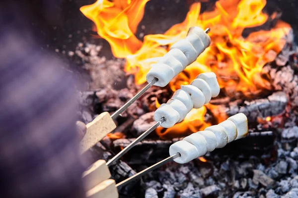 Person Prostet Marshmallows Auf Spießen Über Einem Brennenden Grillfeuer Mit — Stockfoto