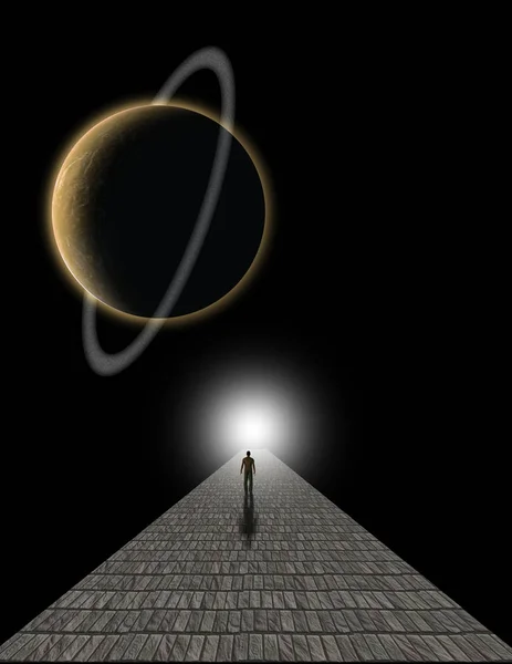 Surreal painting. Figure of walking man on stone road to the light. Deep space