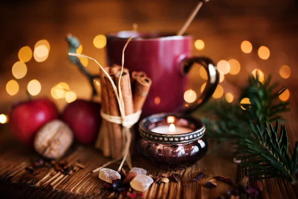 Winter Decoration Fruit Tea Candle Light Wooden Table Short Depth — Stock Photo, Image