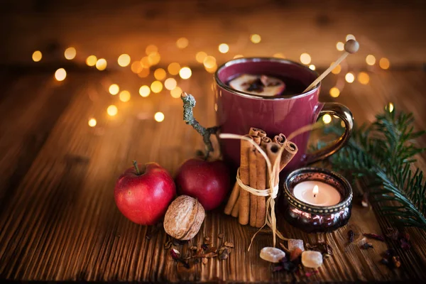 Winter Decoration Fruit Tea Candle Light Rustic Wooden Table — Stock Photo, Image