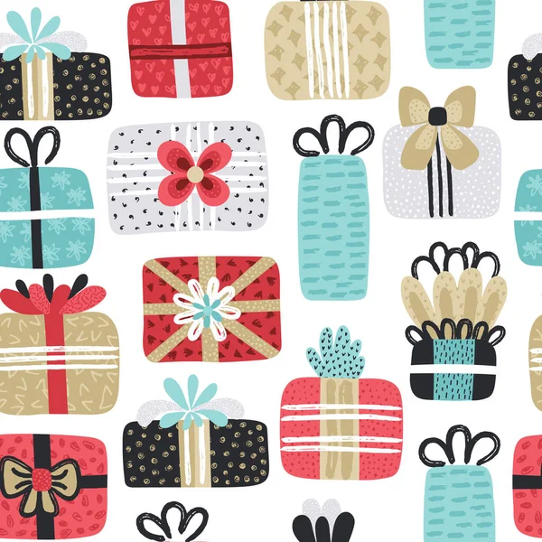 Seamless Pattern Different Textured Gift Boxes Hand Drawn Elements Background — Stock Photo, Image