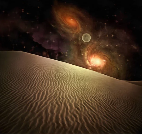 Peinture Surréaliste Dune Sable Galaxies Brillantes Dans Ciel Étoilé Lune — Photo