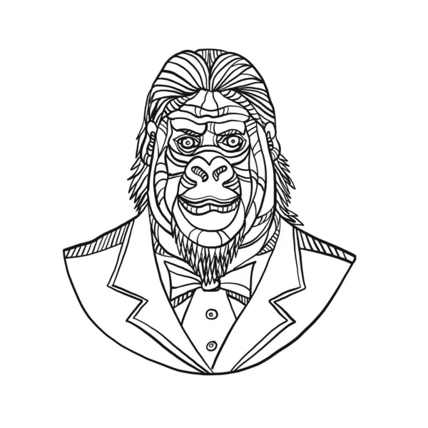 单声道线例证大猩猩或猿的胸围穿燕尾服外套外套和领带西装从前面做的黑白单线风格 — 图库照片
