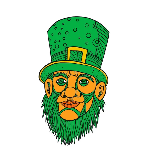 单线插图的爱尔兰妖精的头 绿色胡子和顶帽子做单线风格 — 图库照片