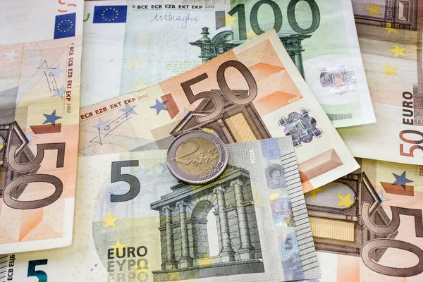 Monedas Europeas Los Distintos Billetes Euros Como Fondo — Foto de Stock