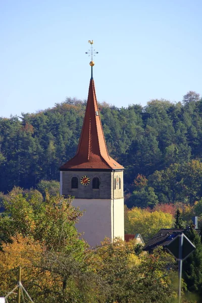 Recording Historic Church Tower Village Weissach — Stock Photo, Image
