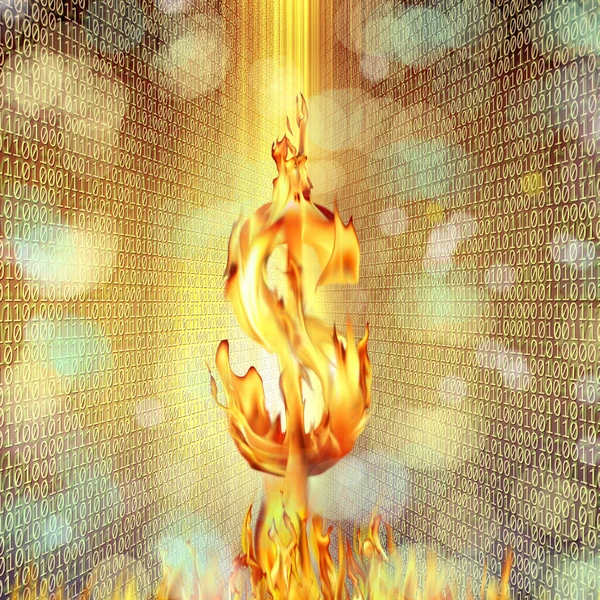 Conceptual image of burning dollar sign and fire flames over binary code of one and zero