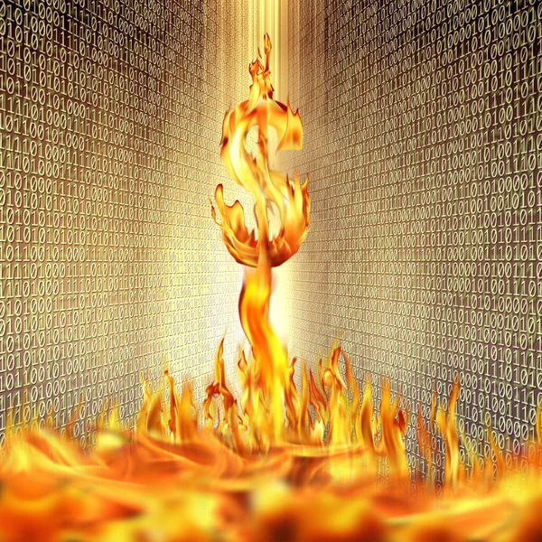 一零二进制代码上燃烧美元符号和燃烧火焰的概念映像 — 图库照片