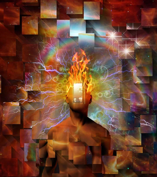 Mann Mit Brennendem Verstand Und Offener Tür Statt Gesicht Kosmischen — Stockfoto