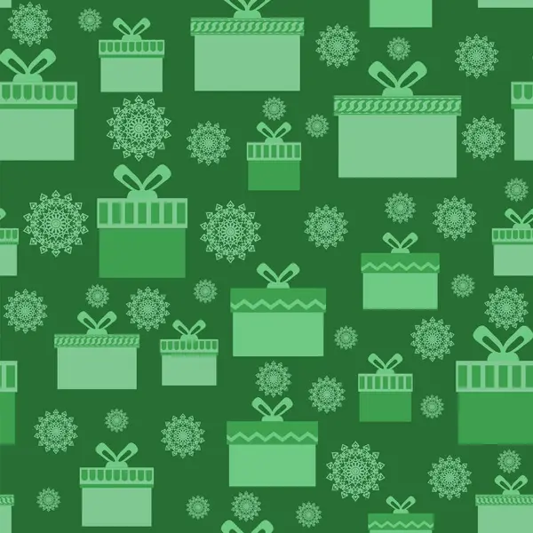 Papel Sin Costura Navidad Envuelto Verde Con Diferentes Cajas Copos — Foto de Stock