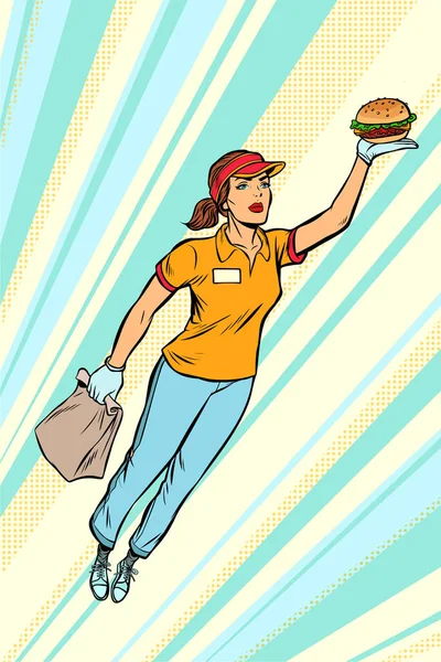 waitress Burger fast food delivery flying superhero help. Pop art retro vector illustration vintage kitsch