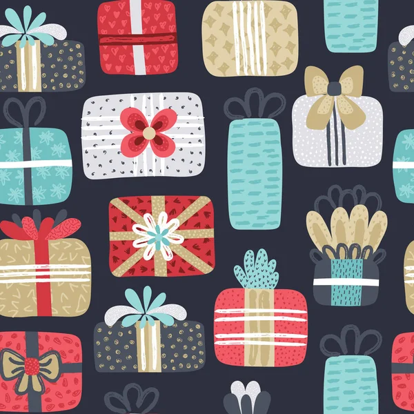 Nahtloses Muster Mit Unterschiedlich Strukturierten Geschenkboxen Handgezeichnete Elemente Hintergrund Ist — Stockfoto