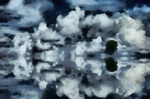 Αφηρημένη Ζωγραφική Σύννεφα Και Δέντρα Αντανακλούν Στο Νερό — Φωτογραφία Αρχείου