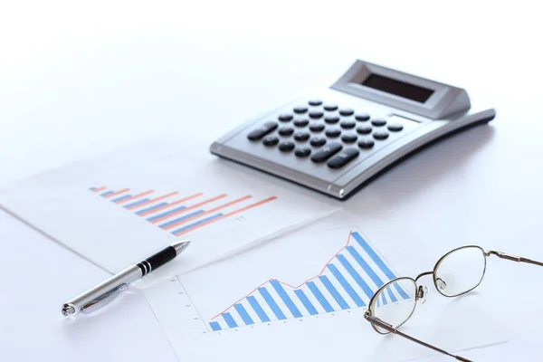 finance symbol with pen, calculator and eyeglasses