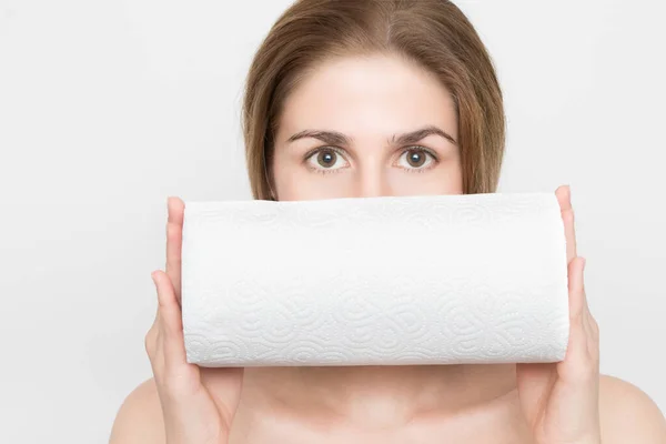 Beautiful Woman Holding Kitchen Roll Front Her Face — Stock Photo, Image