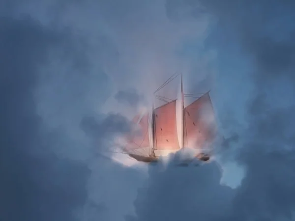 Antica Barca Vela Galleggia Nel Cielo Nuvoloso — Foto Stock