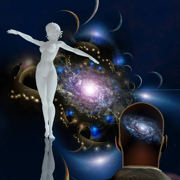 Pełen Wdzięku Posąg Kobiety Kosmosie Człowiek Galaktyką Głowie — Zdjęcie stockowe
