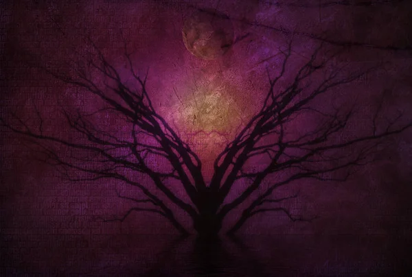 Сюрреалистическая Композиция Мистическое Чёрное Дерево Фиолетовый Фон Полная Луна — стоковое фото