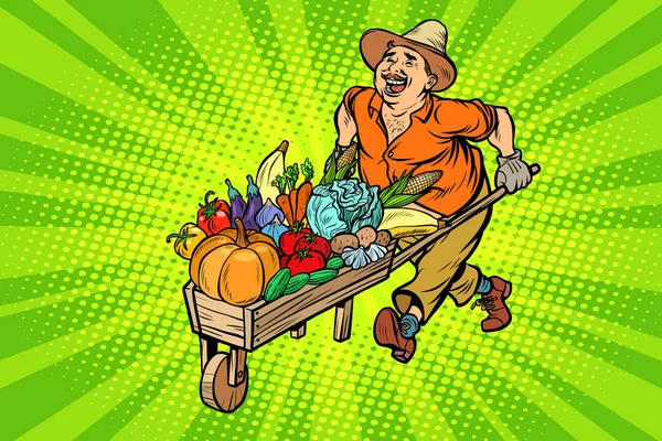 Podzimní Sklizeň Farmář Muž Dřevěným Trakařem Kresba Kresleného Komiksu Pop — Stock fotografie