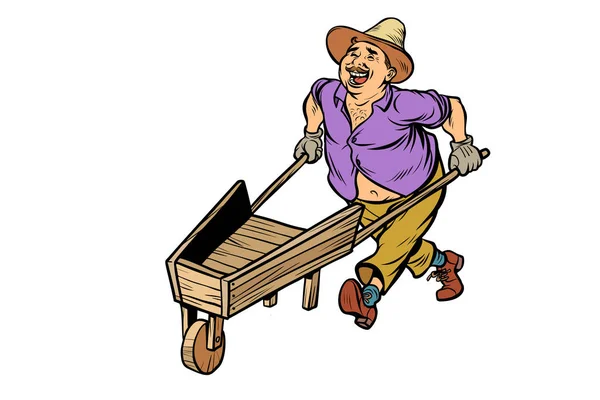Farmer Man Wooden Wheelbarrow Isolated White Background Comic Cartoon Pop — Stock Photo, Image
