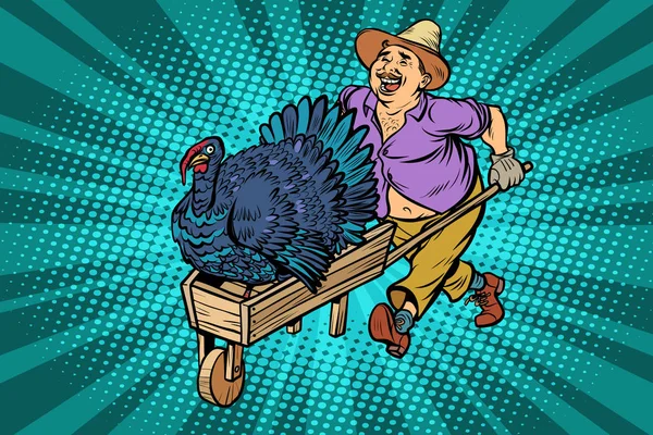 ターキー バード感謝祭の日だ 木製の車輪付きの男 漫画ポップアートレトロベクトルイラストドローイング — ストック写真