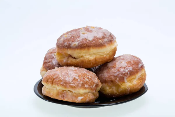 Hele Donuts Zwarte Porseleinen Plaat — Stockfoto