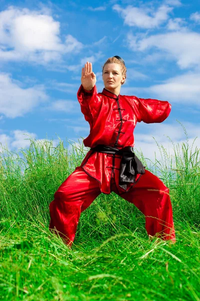 Closeup View Attractive Girl Doing Kung — Stock Photo, Image