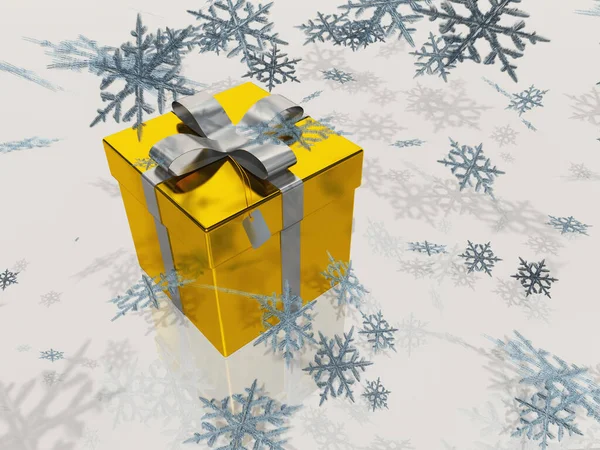 Złote Pudełko Świąteczne Srebrną Wstążką Płatki Śniegu — Zdjęcie stockowe